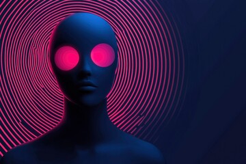 3D Render of a Face with Pink Neon Eyes and a Swirling Pink and Blue Background