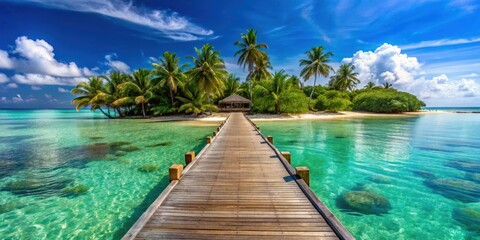 Obraz premium A wooden walkway leads to a secluded island with lush palm trees, a white sandy beach, and crystal-clear turquoise water.