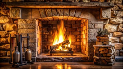 A roaring fireplace with flames dancing in a stone hearth, casting warm light on rustic wooden floor and stone accents