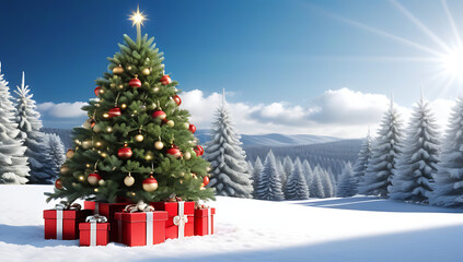 Obraz premium real christmas tree gifts snowy nature scene