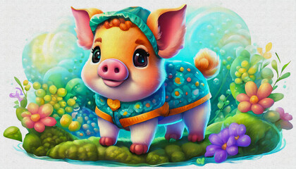 Naklejka premium oil painting style CARTOON CHARACTER illustration CUTE BABY pig isolated on COLOR background, top view. side front view