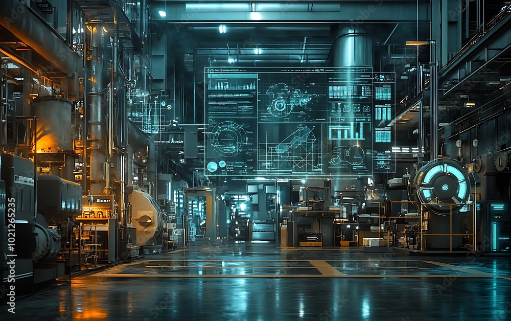 Poster a futuristic industrial setting with illuminated machinery and digital screens, showcasing advanced 