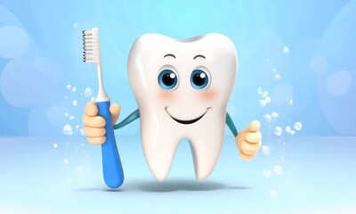 Cheerful cartoon tooth holding a toothbrush and giving a thumbs up in a playful dental health concept