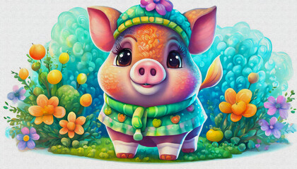 Fototapeta premium oil painting style CARTOON CHARACTER illustration CUTE BABY pig isolated on COLOR background, top view. side front view