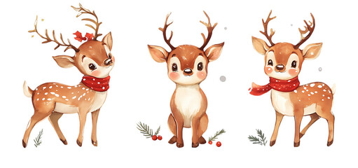 Fototapeta premium three set of cute Christmas reindeer isolated transparent background