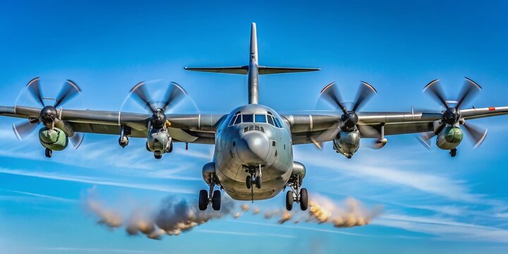 C130 Hercules Gunship on Display at Airshow with Propellers Spinning in a Clear Blue Sky Background