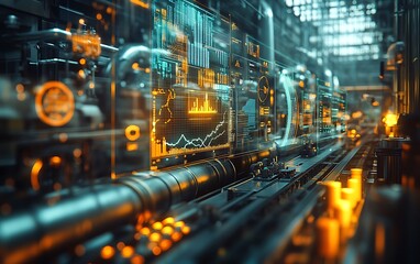 A futuristic industrial setting with glowing pipes, data screens, and a complex network of machinery, showcasing advanced technology in a vibrant environment.