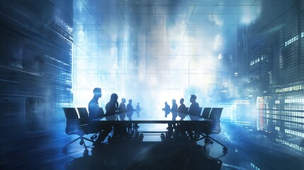 A futuristic holographic display projecting financial data during a high-stakes business meeting.