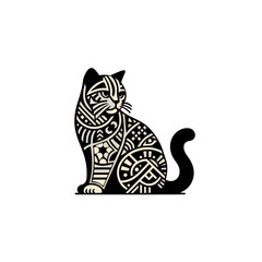 Vector full-body cat with bohemian patterns, isolated on a white background with black lines and color, no shadow or gradient.