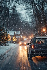 Obraz premium A close-up shot of a car driving through a snowy, tree-lined road at dusk, with Christmas lights glowing from nearby houses in the distance.