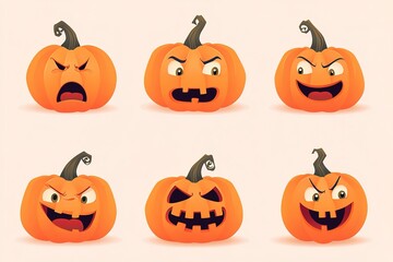 illustration of a cute pumpkin with different emotions, on a white background, in a vector style. The design is simple, with clean lines, flat colors