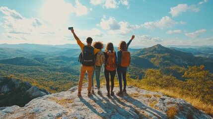 Obraz premium photograph from behind of four friends on a mountain top