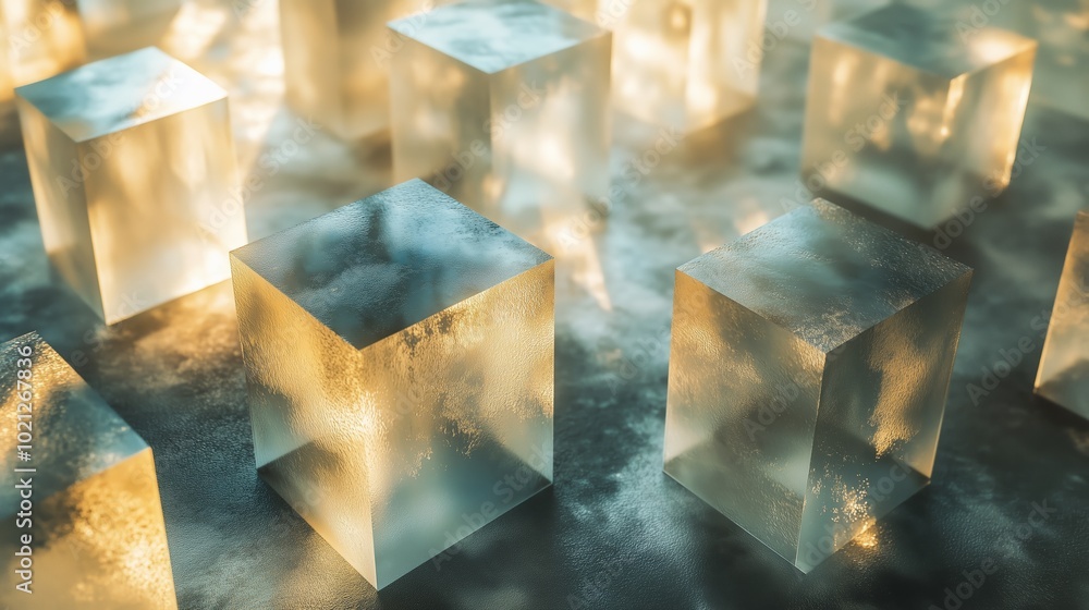Poster illuminated ice cubes arranged on a reflective surface create an artistic display in a serene ambien