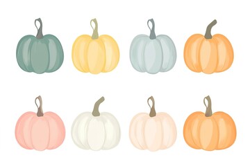 Vector set of pumpkins in pastel colors on a white background, simple shapes, cute flat design style