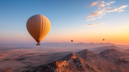 Fototapeta premium Serenity above Al Ula, balloons drift across the sky as the sun sets over desert mountains, a touristic marvel