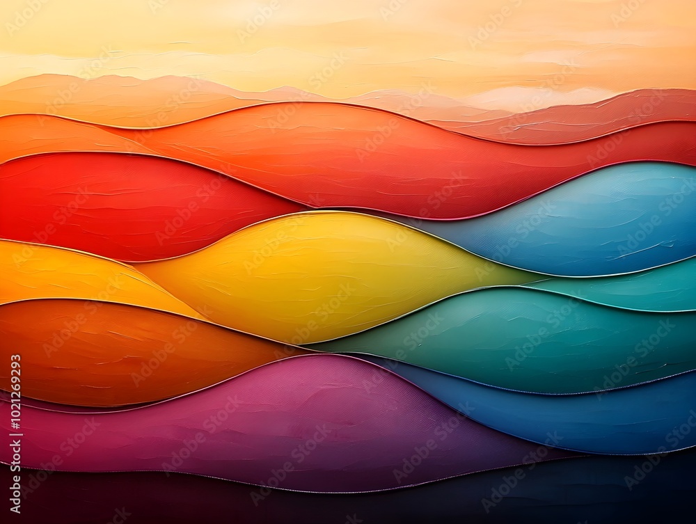 Poster captivating abstract painting featuring vibrant bands of primary colors softly blended and layered t