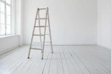 A rustic wooden ladder stands in an empty, bright room with white walls and floors.