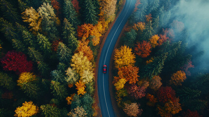 Autumn colorful forest and road from a bird's eye view. Banner Design template for wallpapers, backdrops and autumn backgrounds, car advertising
