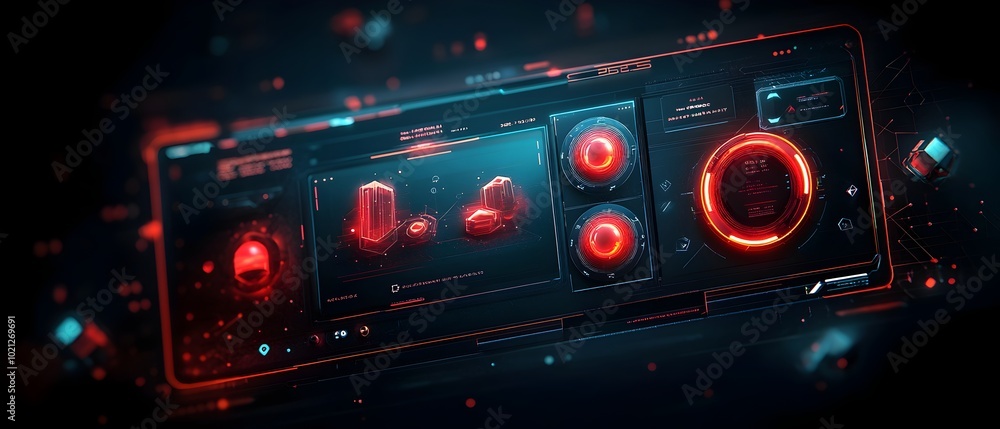 Poster futuristic gaming console user interface with neon lit touch sensors crystal like display screens sm