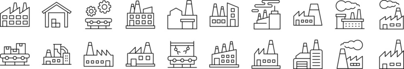 Collection of Outline Symbols of Factory, Manufacture Drawn with Thin Line for apps, web sites, banners, infographics and other types of design