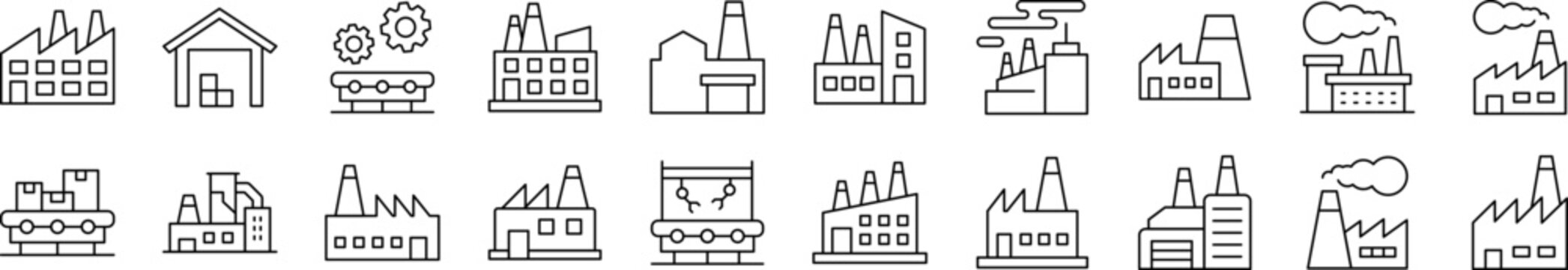 Collection of Outline Symbols of Factory, Manufacture Drawn with Thin Line for apps, web sites, banners, infographics and other types of design