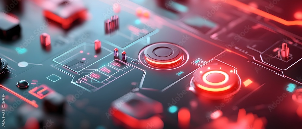 Poster futuristic gaming console featuring an immersive virtual control panel with neon lit touch sensors c