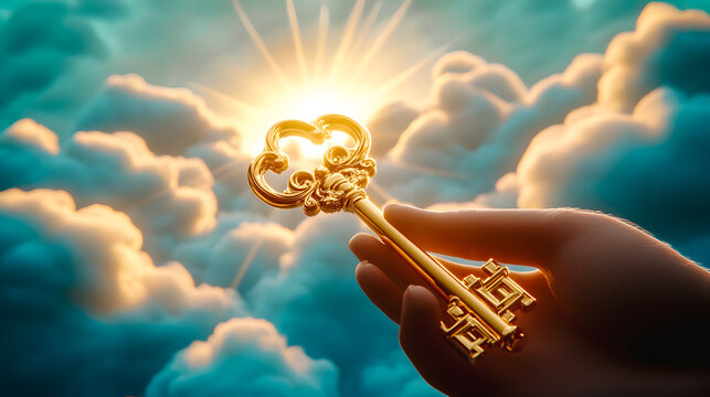 Main tenant une cl&eacute; dor&eacute;e devant un ciel de nuages