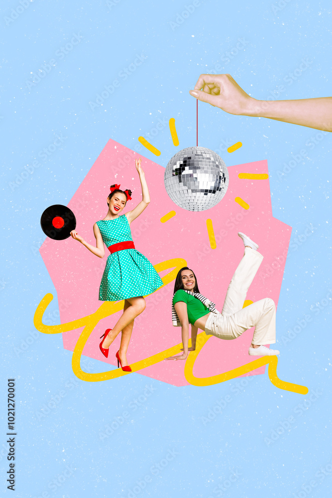 Canvas Prints Vertical photo collage of two happy girls dance together retro disco ball party occasion entertainment disk isolated on painted background