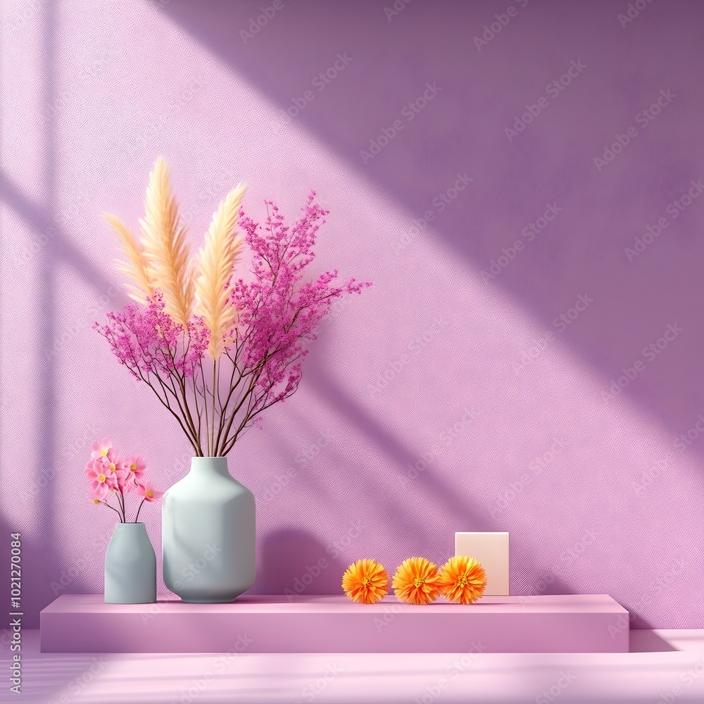 Poster sleek and modern 3d studio interior with lavender hued walls an empty minimalist space and a product