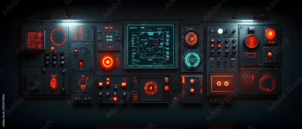 Poster visually stunning futuristic control room with complex hud overlays displaying real time data analyt
