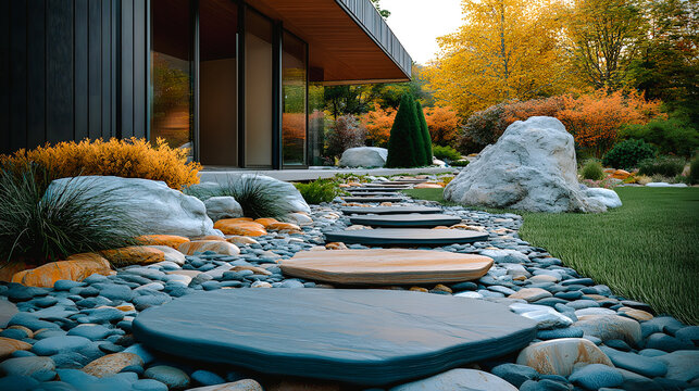 Pas japonais dans une all&eacute;e de jardin vus en gros plan