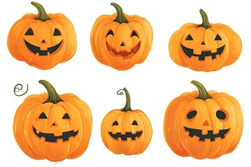 Set of orange pumpkins with different faces on a white background, vector illustration style, flat design