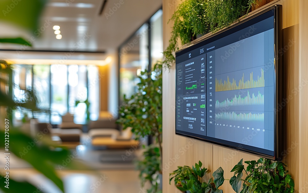 Aufkleber A modern interior featuring a wall-mounted screen displaying graphics, surrounded by lush greenery in a stylishly designed space.