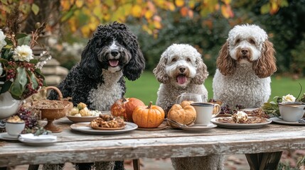 Dogs Enjoying Thanksgiving Picnic in the Backyard