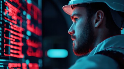 The Digital Architect: A young engineer, illuminated by the glow of a complex digital display, intently studies data in a futuristic industrial setting.