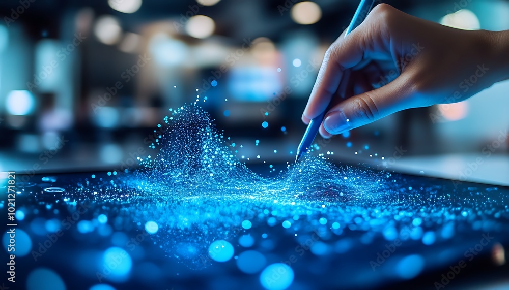 Poster a hand interacts with a digital surface, visualizing vibrant blue particles, symbolizing creativity 