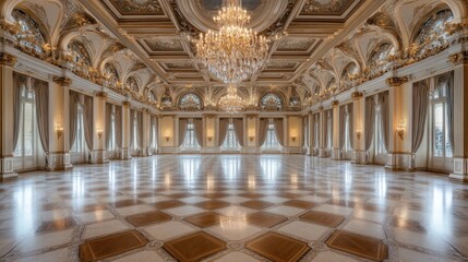 Obraz premium A stunning ballroom with crystal chandeliers hanging from the ceiling, showcasing intricate, antique details and luxurious charm.
