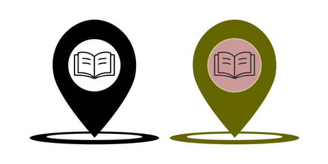 map pointer with a book, library location icon vector. set of black and white and colored