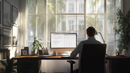 Fototapeta premium Mature business professional working at desk with documents and monitor 