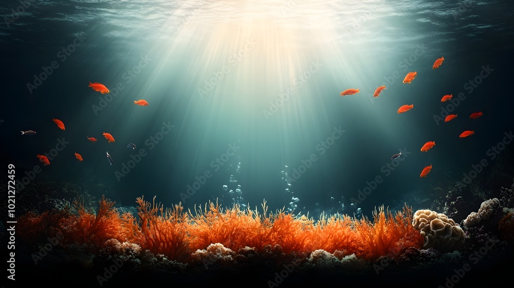 Poster captivating underwater coral reef teeming with vibrant fish undulating kelp and shimmering sunlight 