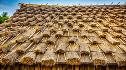 A close-up view of a thatched roof with neatly arranged bundles of dried grass, secured with wooden poles, creating a textured and rustic pattern.