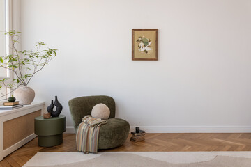 Minimalist composition of living room interior with design green armchair, mok up poster frame,...