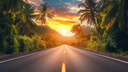 A serene road lined with palm trees at sunset, inviting exploration and adventure.