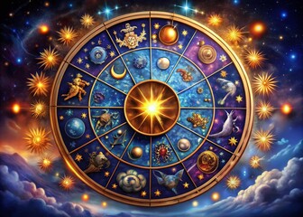 Fototapeta premium Celestial Zodiac Signs Illustrated in a Colorful Horoscope Chart with Astrological Symbols and Icons