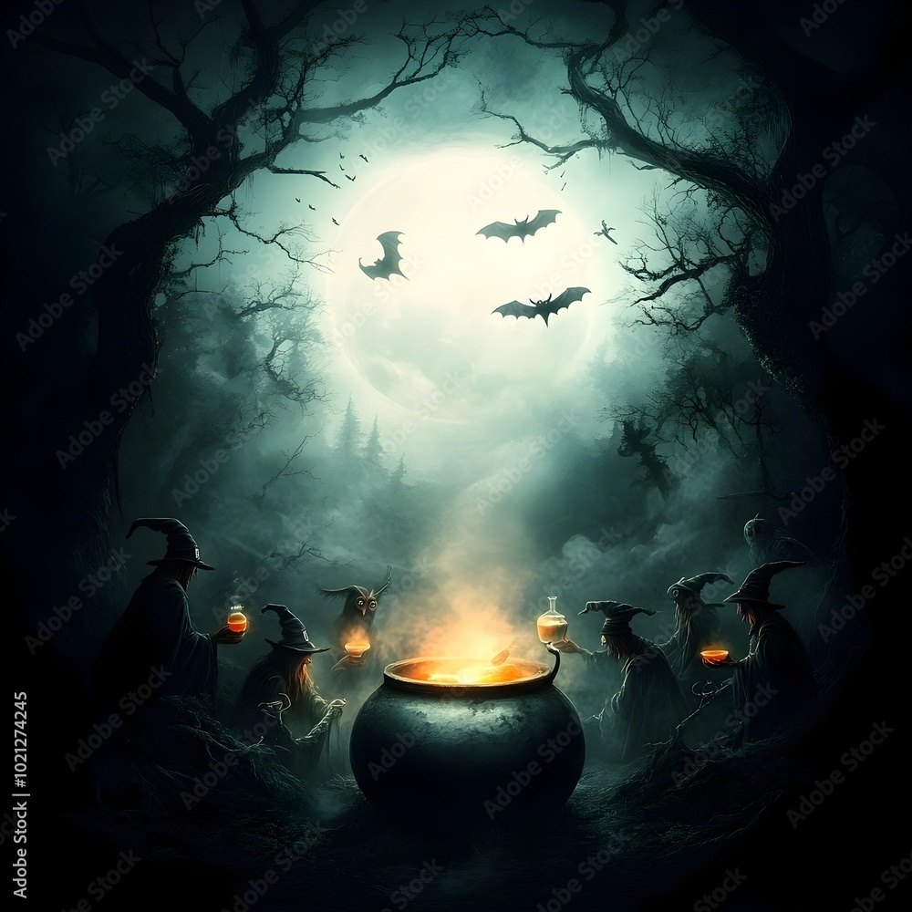 Poster a coven of witches gathered in a dense moonlit forest mixing potions in a large cauldron as owls and