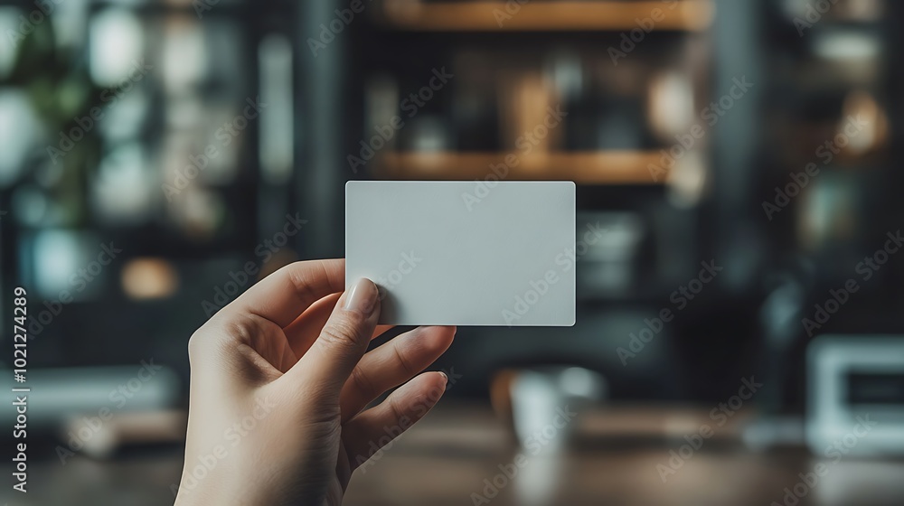 Aufkleber a person holds a blank card in front of a blurred background of shelves and a coffee cup, suggesting