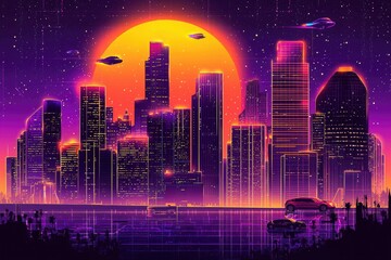 Futuristic Cityscape with Neon Lights, Flying Cars, and a Sunset