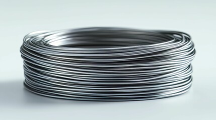 A coil of silver wire wound tightly in a circular shape.