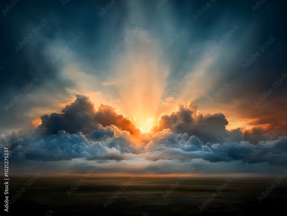 Poster dramatic crepuscular rays dramatically breaking through dynamic cloud formations creating a breathta