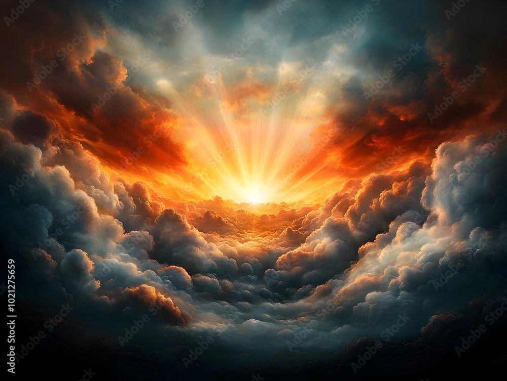Poster dramatic crepuscular rays breaking through dynamic cloud formations in a breathtaking natural phenom